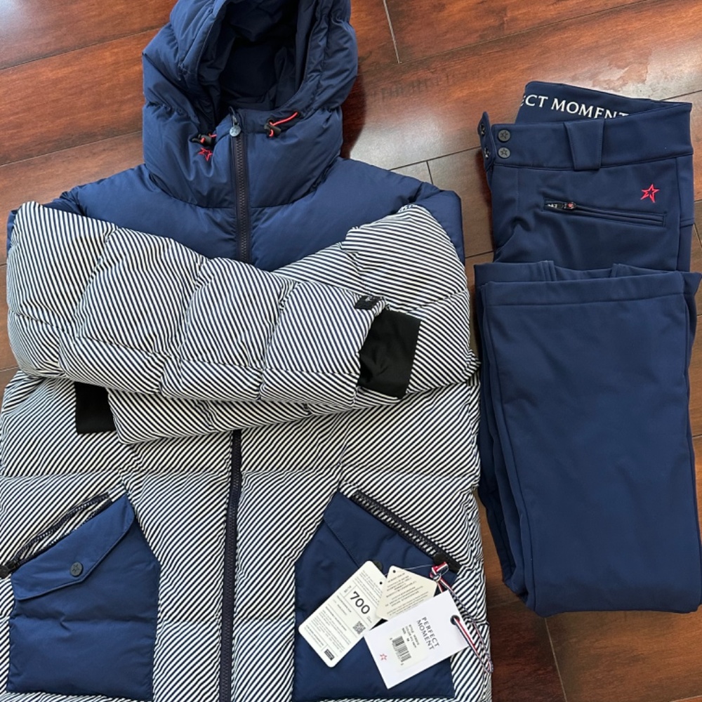 NWT Perfect moment Portillo pinstripe jacket & Flared Legs Ski Pants Set sz M